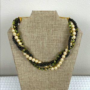Green, gold, and pearl beaded necklace- handmade